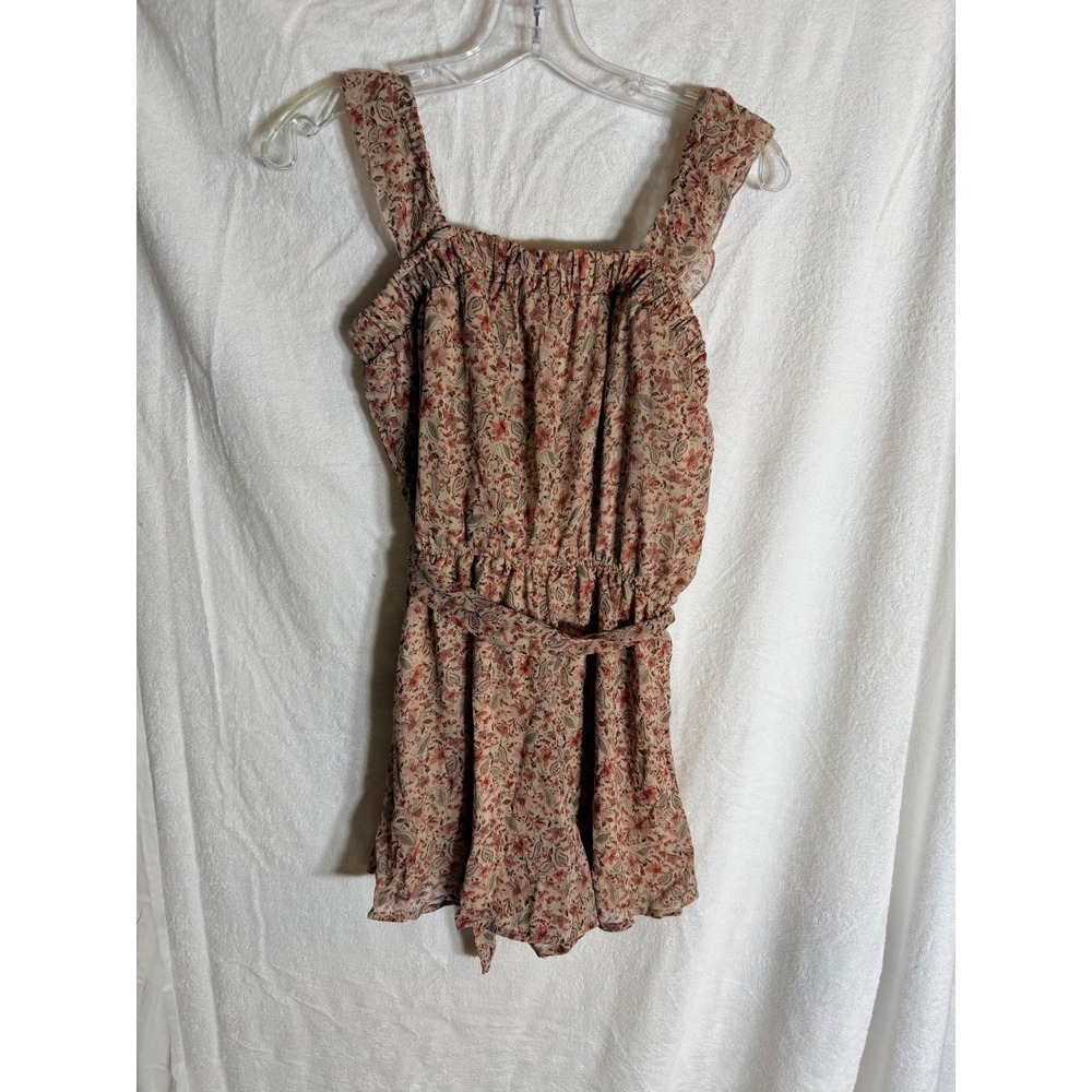 Trixxi Womens Floral Paisley Ruffle Romper Tan Pink Small Smocked trim
